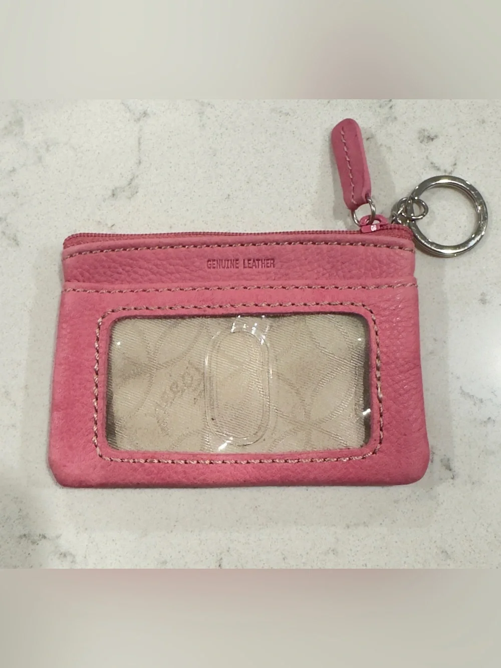 Vintage Fossil Pink Genuine Leather Card Holder Coin Pouch Keychain